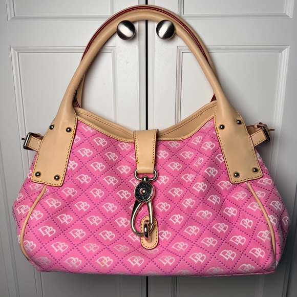 Dooney & Bourke Handbags - Dooney & Bourke Pink DB Monogram Canvas Satchel Leather Trim Hook Closure